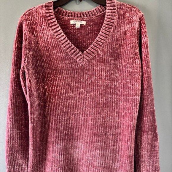 Orvis M Purple Mauve Sweater Plush Chenille V Neck Tunic Cozy Knit Ribbed Comfy - Picture 2 of 7